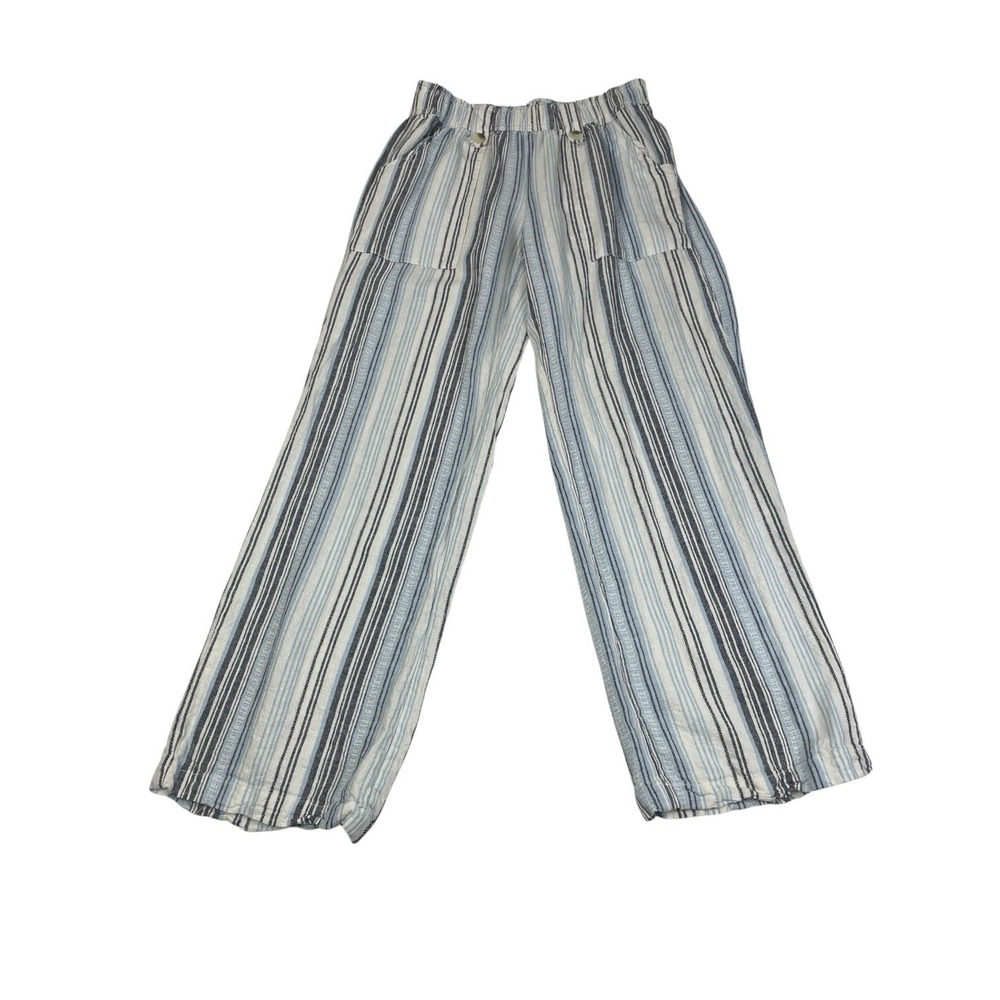 SO Linen Blend Striped Wide-Leg Pants Size M • Blue-White Elastic Waist